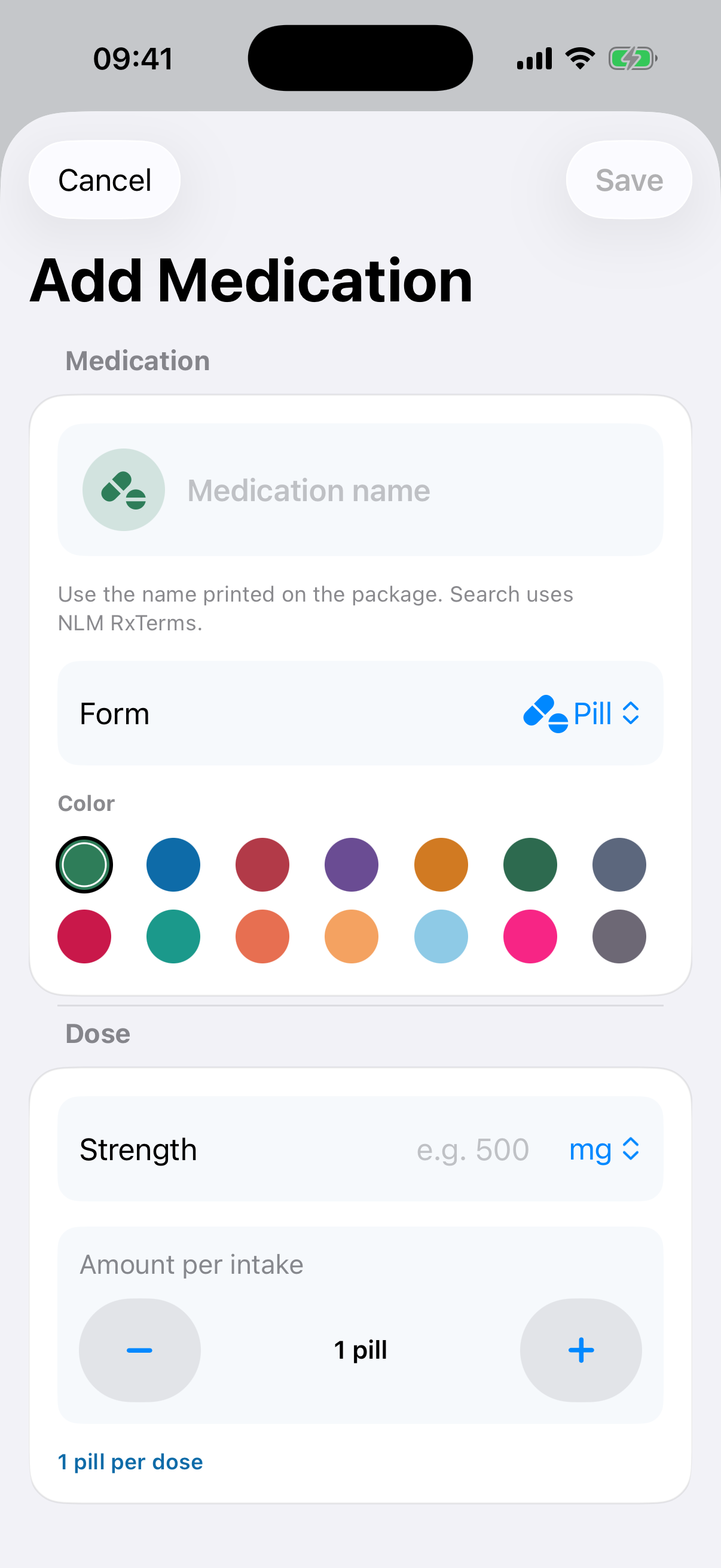 Add medication form with identity card, form picker, 14-color palette, and live dose summary