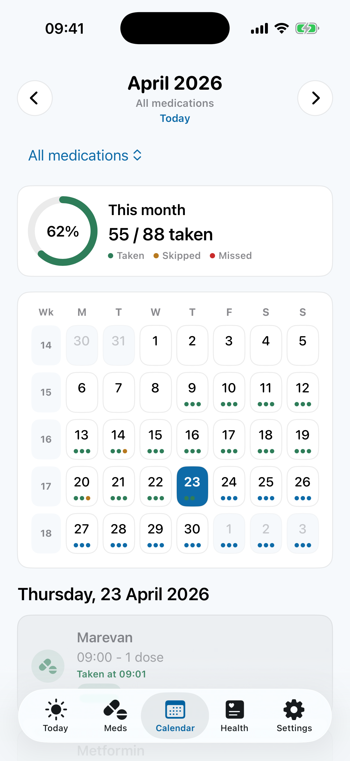 PillMe adherence calendar with taken, skipped, and missed dots for the month