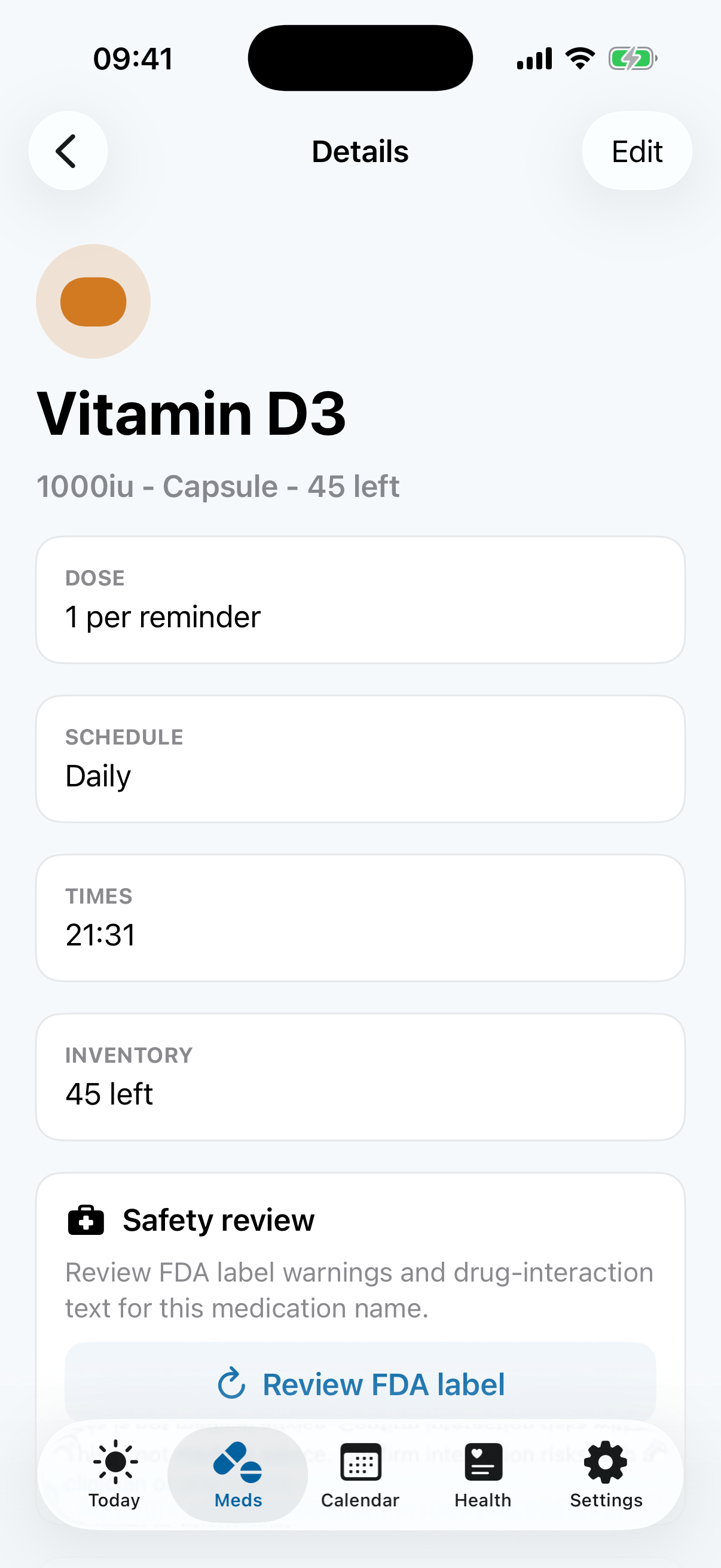 Medication detail view with dose, schedule, times, inventory, and FDA label review