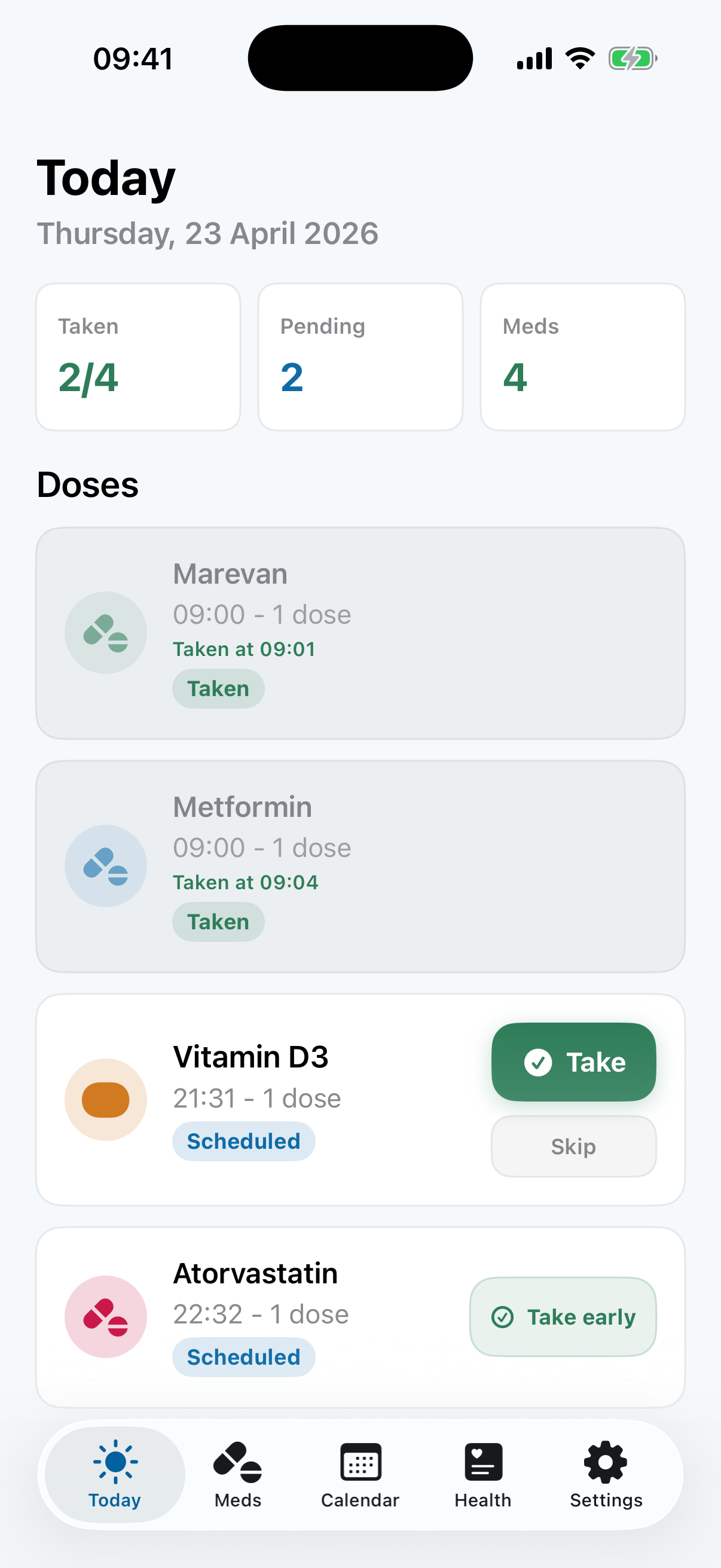 PillMe Today screen showing taken doses in gray and a due dose with a green Take button