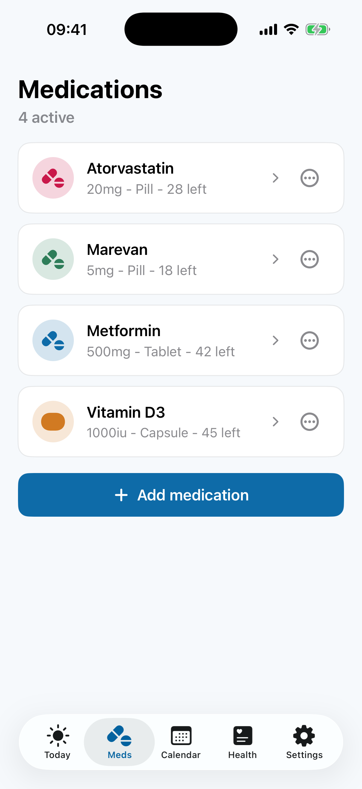Medications list with color-coded pill icons, strength, form, and inventory left