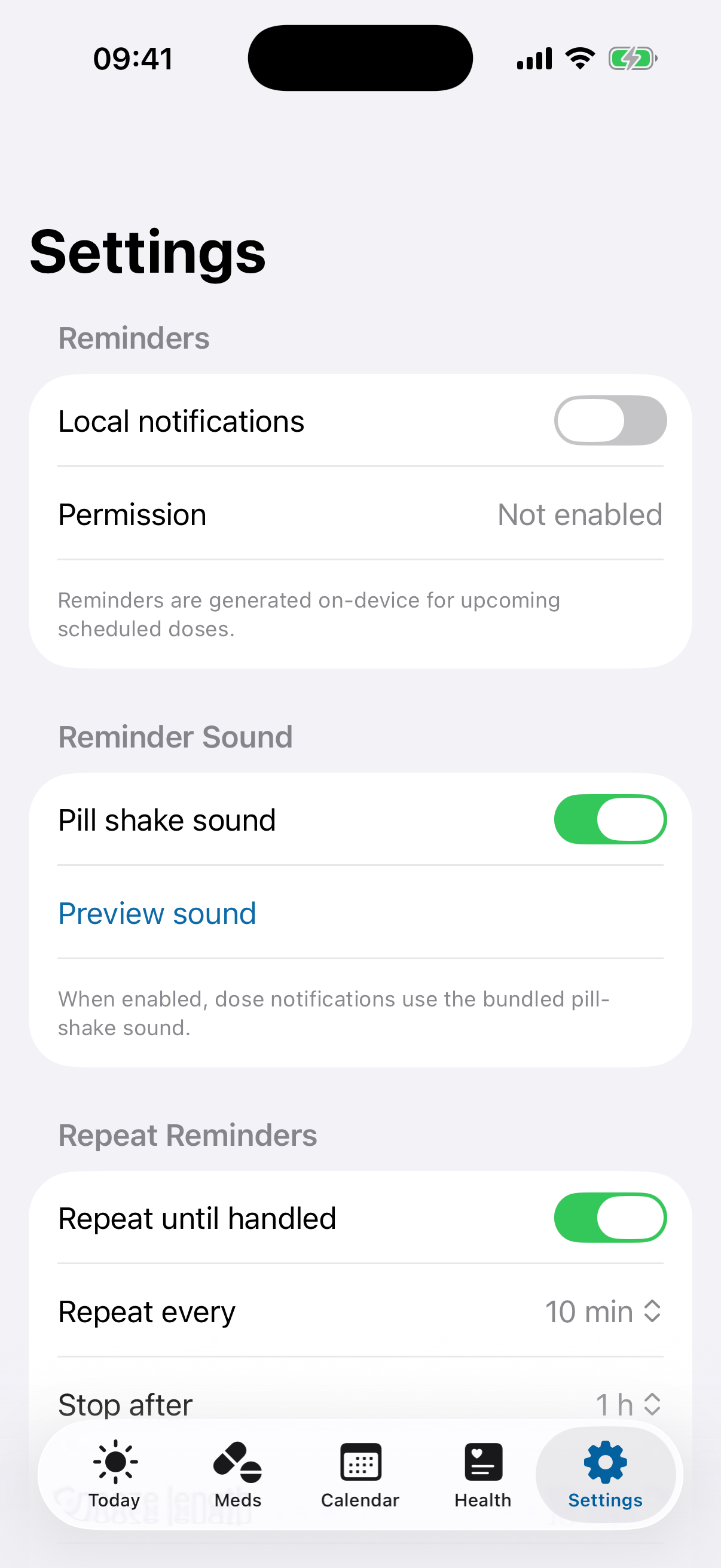 Settings with notification, pill-shake sound, and repeat-reminder controls